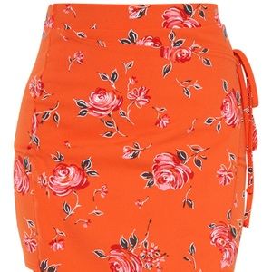 Orange Floral Print Crepe Floral Print Wrap Detail Skirt